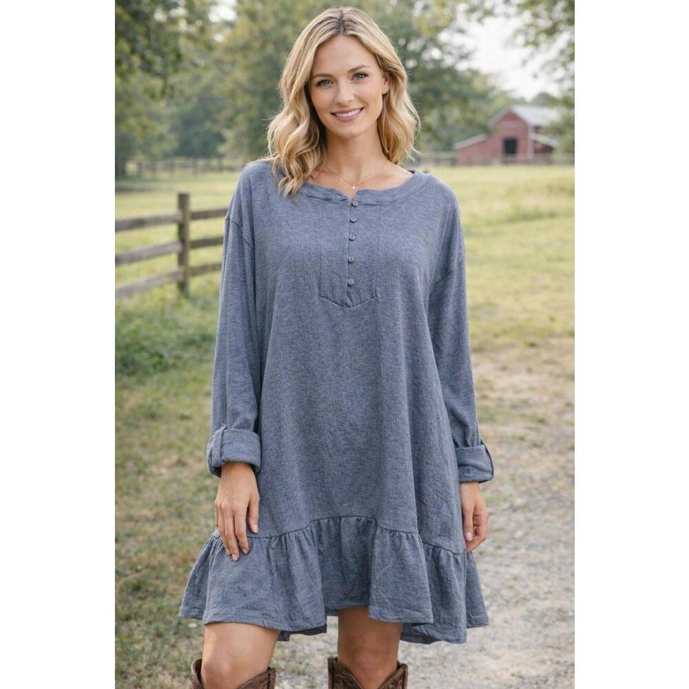 Hayden Los Angeles Dress 2XL NWT Blue Boho Henley Ruffle Hem - A16